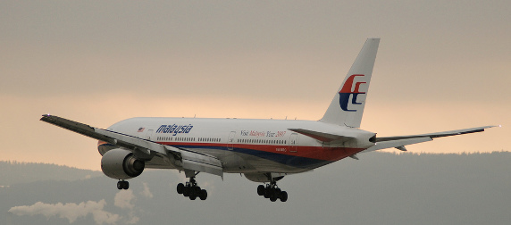 Malaysia Airlines Boeing 777 at takeoff, facing away from the camera