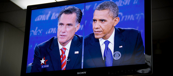 a Sony TV displaying Mitt Romney and Barack Obama during the October 22, 2012 presidential debates