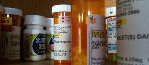 close-up of prescription medication bottles on a shelf