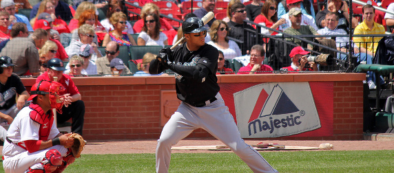 Giancarlo Stanton at bat with Gerald Laird playing catcher