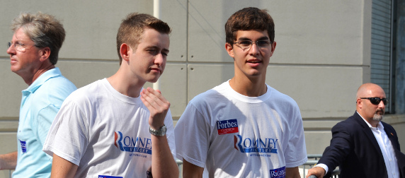 two young men wearing Romney 2012 campaign t-shirts