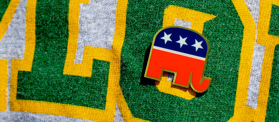 close-up of a Republican elephant pin on a t-shirt