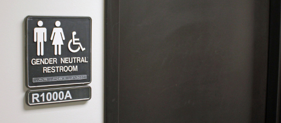 Sign reading Gender Neutral Restroom, with male, female and handicapped symbols and Braille translation