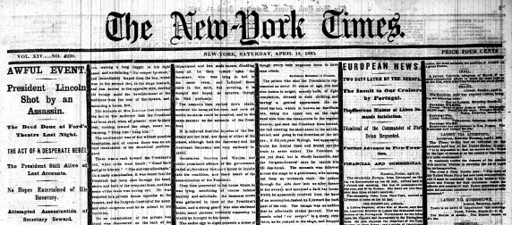 The New York Times' front page, detail, April 15, 1865