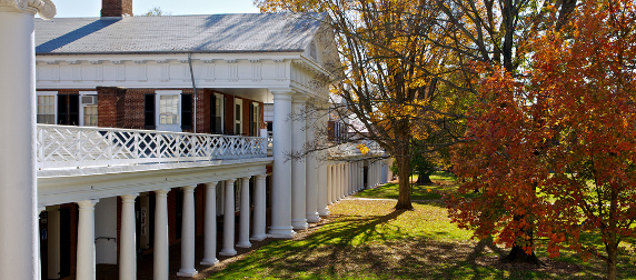 facade with columns in the Academical Village facing onto the lawn, with autumn foliage, at the University of Virginia