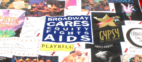 AIDS Memorial Quilt square featuring Broadway Cares/Equity Fights AIDS logo along with Broadway posters and signatures