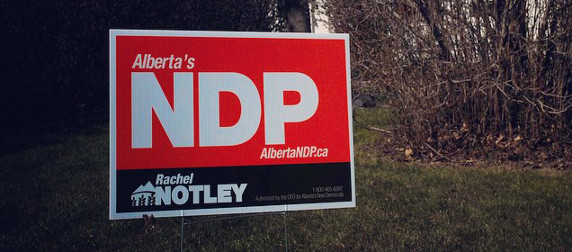 political yard sign that reads Alberta's NDP, Rachel Notley
