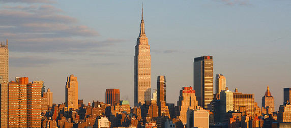 Manhattan skyline, centered on the Empire State Building, at sunset