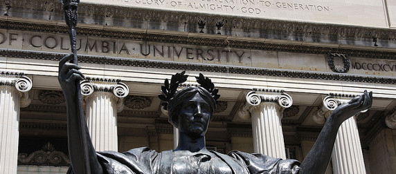 detail of the 'Alma Mater' statute on Columbia University's campus, viewed from below