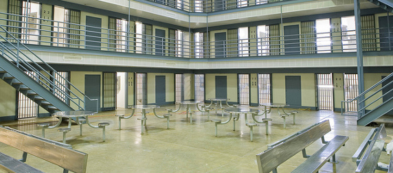 cell block common area with tables and benches, Ouachita River Correctional Unit, Malvern, Arkansas