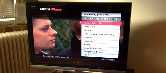 TV displaying a menu for BBC's iPlayer system