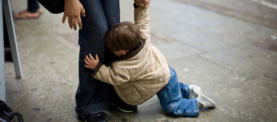 toddler melting down into an adult's legs, turned away from the camera