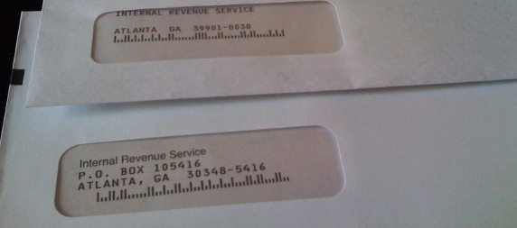 two envelopes addressed to the IRS