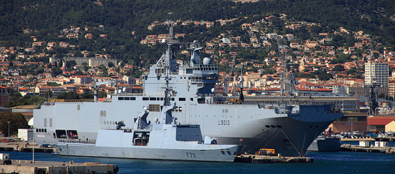 Mistral-class ship in harbor in Toulon, France