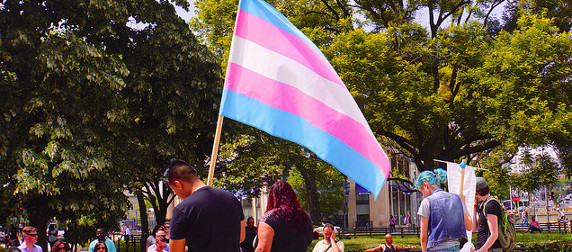 demonstraters with a transgender pride flag