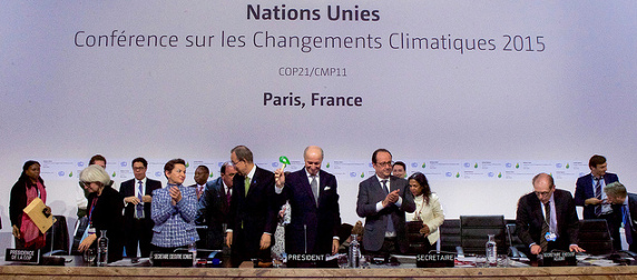 French Foreign Minister Laurent Fabius banging the gavel at the 2015 Paris Climate Conference