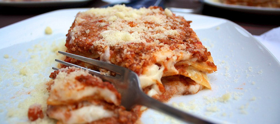 piece of lasagna with fork