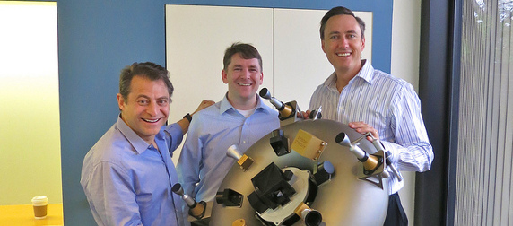 Peter Diamandis, Chris Lewicki and Steve Jurvetson holding a 3D-printed satellite prototype