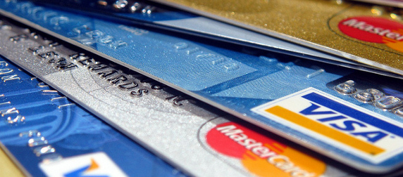 zoomed-in detail of Visa and MasterCard credit cards