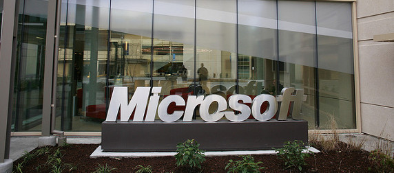 Microsoft sign in front of an office building in Redmond, Washington