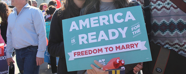 detail of demonstrators' sign reading America Is Ready For The Freedom To Marry