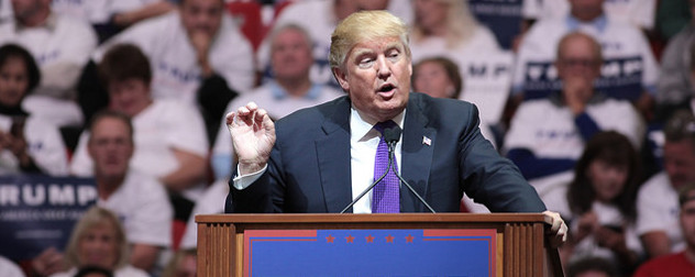 Donald Trump standing at a podium in front of an out-of-focus crowd of supporters