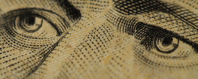 extreme detail of the $10 bill portrait of Alexander Hamilton
