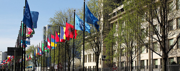 international flags outside the facade of the International Criminal Tribunal for the fomer Yugoslavia