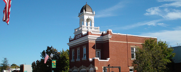 Manassas Town Hall photographed against a blue sky