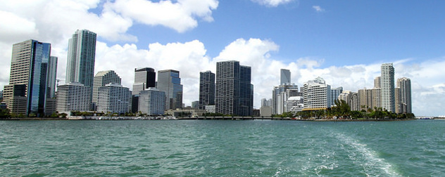 Miami Skyline, with a boat wake in the foreground