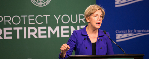 Elizabeth Warren speaking in front of a banner that reads Protect Your Retirement