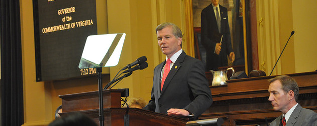 Bob McDonnell at a lectern with a teleprompter, delivering the State of the Commonwealth address in 2013