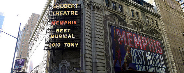 Shubert Theatre displaying the 'Memphis' marquee, including Best Musical Tony Award