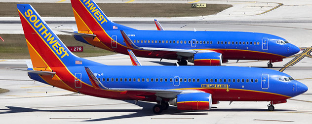 two Southwest Airlines planes on the runway at Fort Lauderdale Hollywood Airport