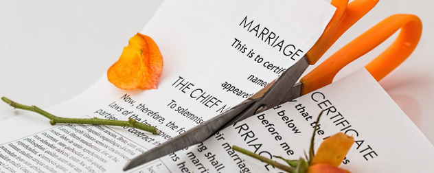 scissors cutting through a marriage certificate and a rose stem, with orange rose petals scattered on the paper