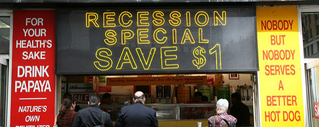 Gray's Papaya counter with sign reading Recession Special Save $1