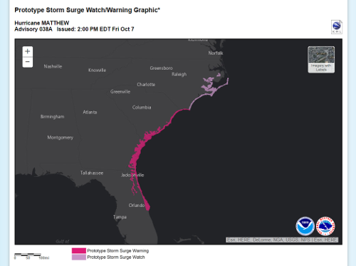 screenshoot of the National Hurricane Center's Prototype Storm Surge Watch Warning Graphic