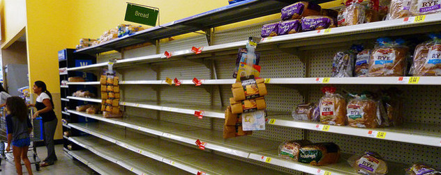 bread aisle at Wal-Mart, empty except a few loaves of rye