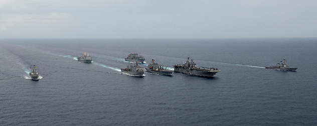 U.S. military vessels in formation on the water