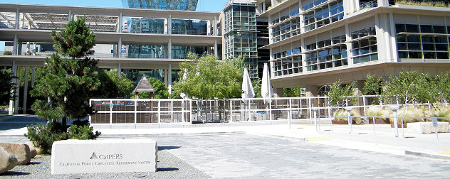 stone CalPERS sign and plaza outside CalPERS headquarters