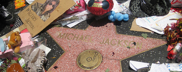 Michael Jackson's Walk of Fame star with flowers and gifts following his death in 2009