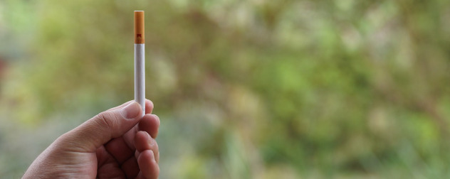 hand holding up an unlit cigarette vertically against an out-of-focus natural background