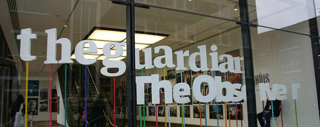 window sign for The Guardian and The Observer in the organization's London office