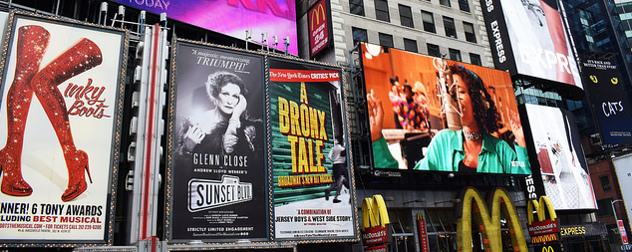 detail of Times Square advertisements for Kinky Boots, Sunset Boulevard and A Bronx Tale