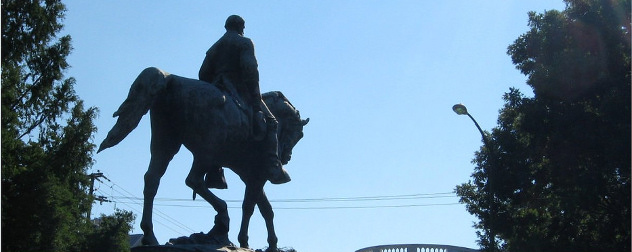 statue of Gen. Robert E. Lee, shot from below and behind