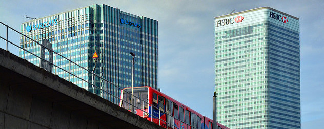 world headquarters for Barclays Bank and HSBC with a Docklands Light Railway train in the foreground