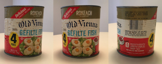 three views of a vintage can of Rokeach gefilte fish