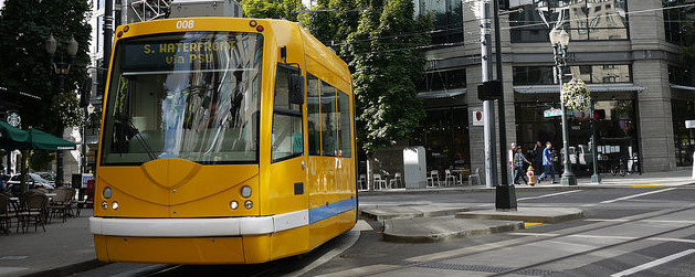 yellow Portland streetcar in operation