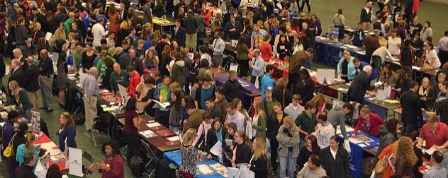 busy college fair photographed from above