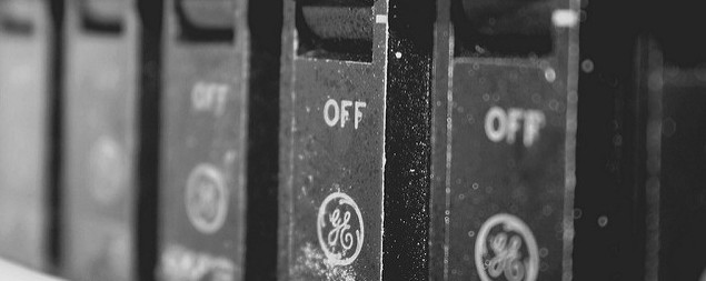 detail of row of circuit breakers with GE logo